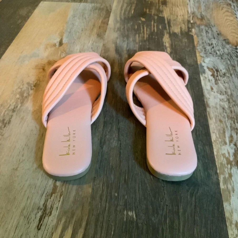 Nicole Miller Blush Pink Quilted Cross-Strap Slide Sandals